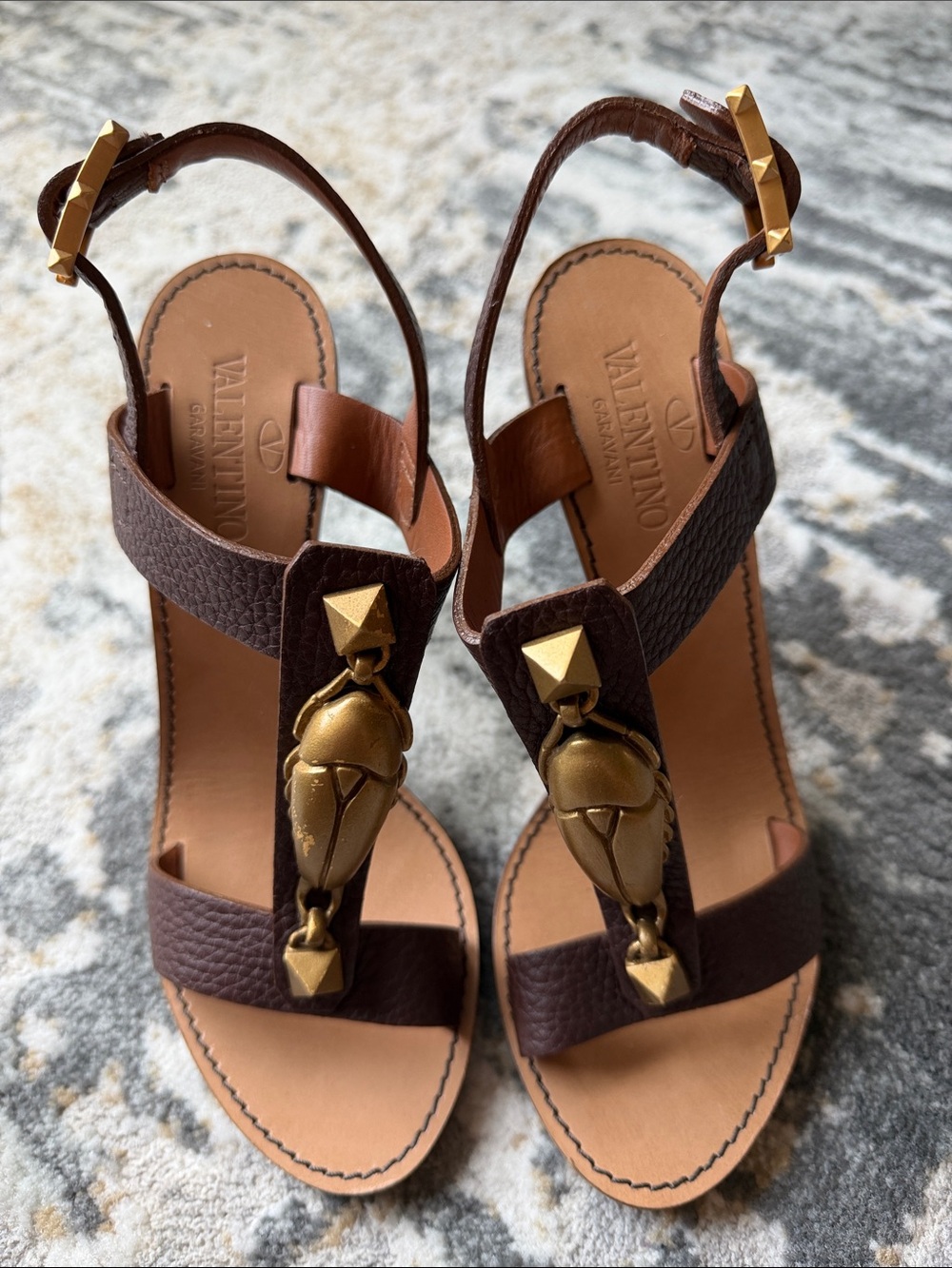 Valentino Brown Leather T-Strap Sandals with Gold Sculptural Hardware